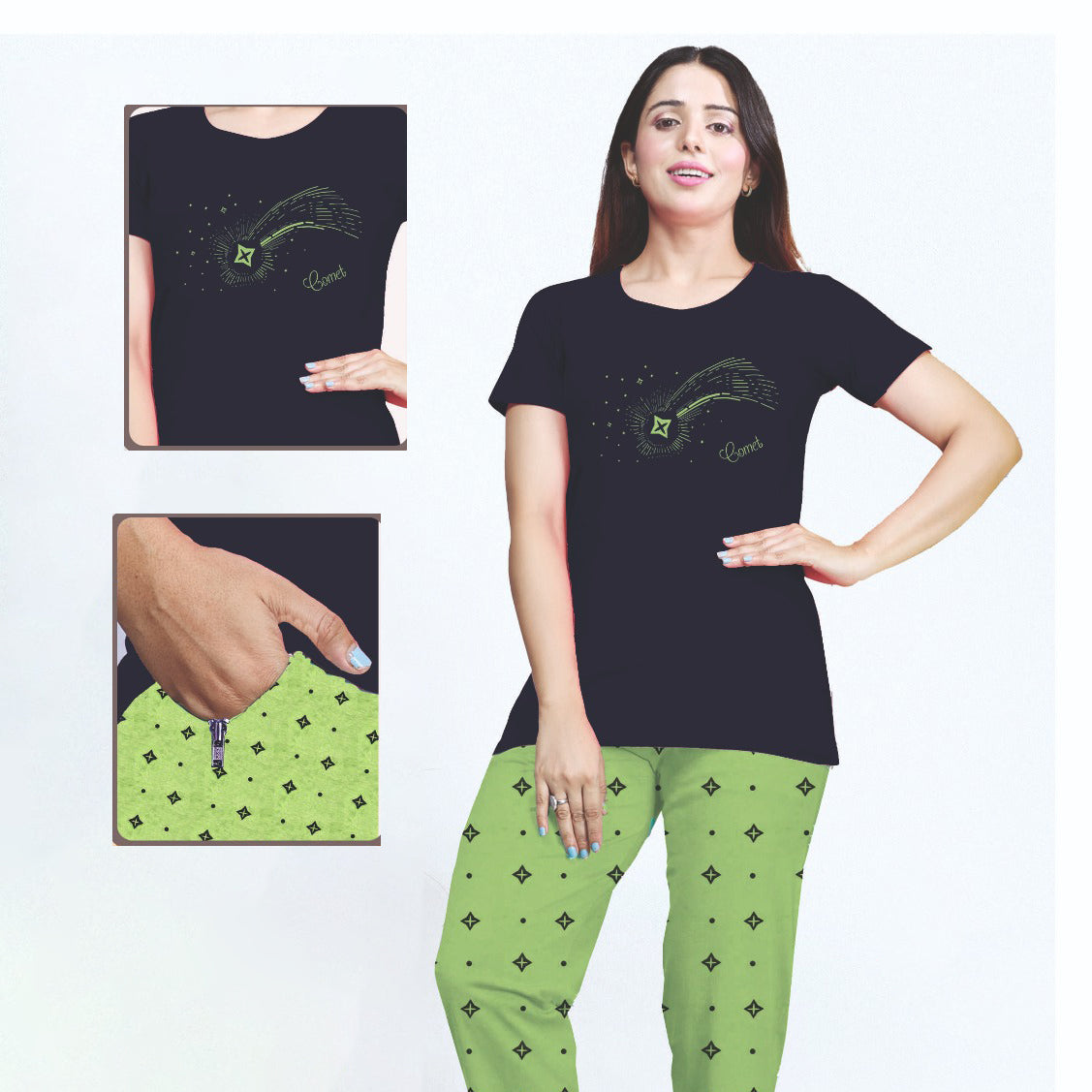 Night Suit Set - Off Black & Green