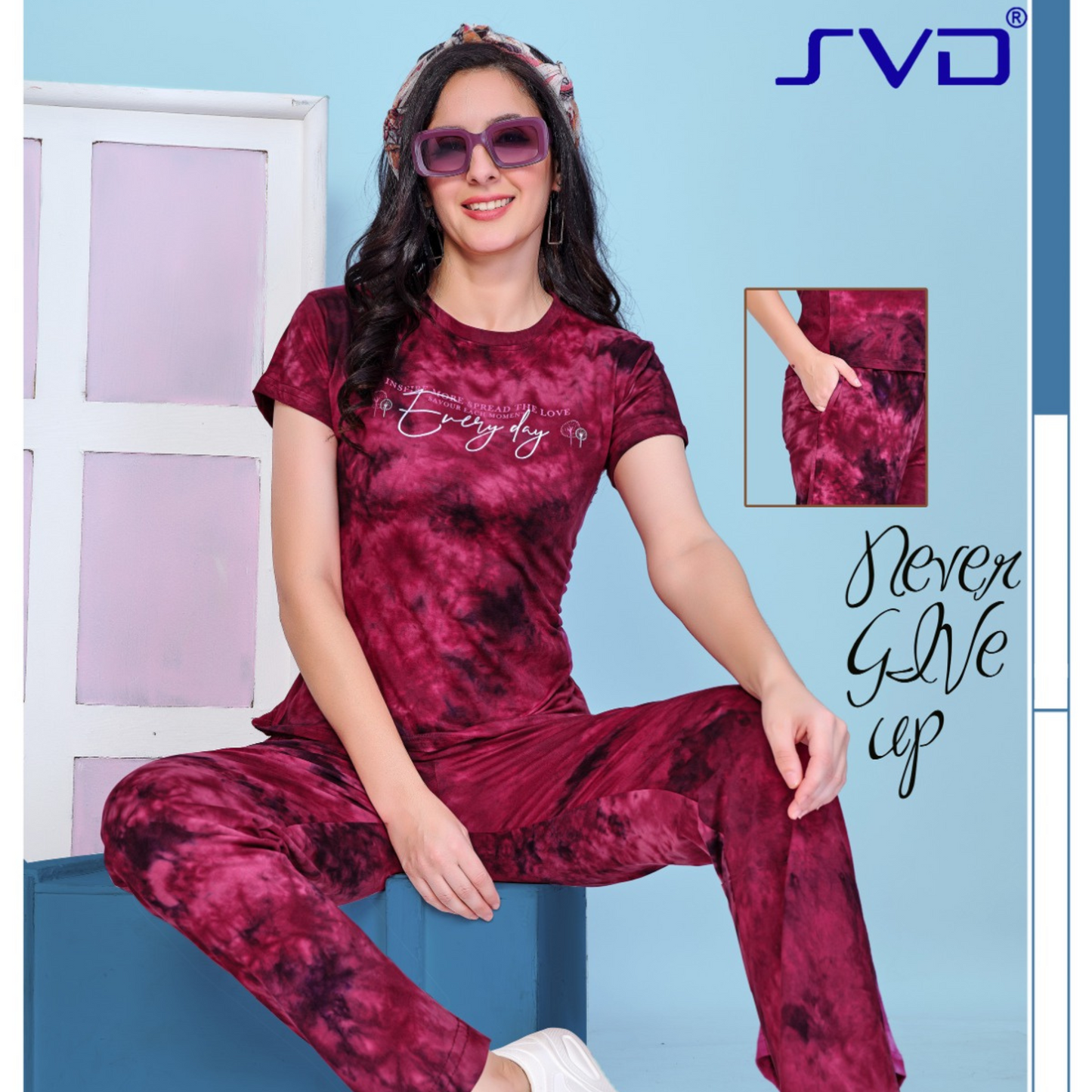 Night Suit Set in Splatter Art | Round neck | 7 | Light Maroon